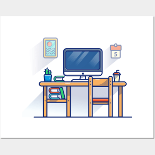 Monitor, Calendar, Picture, Cup, Desk, chair, Cactus, Vas And Books Cartoon Posters and Art